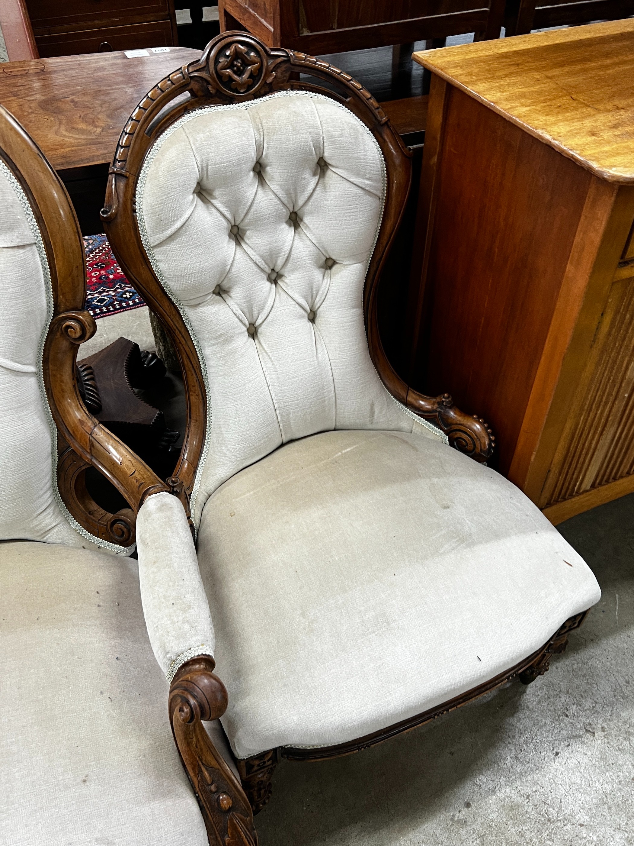 A Victorian walnut spoonback open armchair, width 66cm, height 98cm together with a similar smaller nursing chair